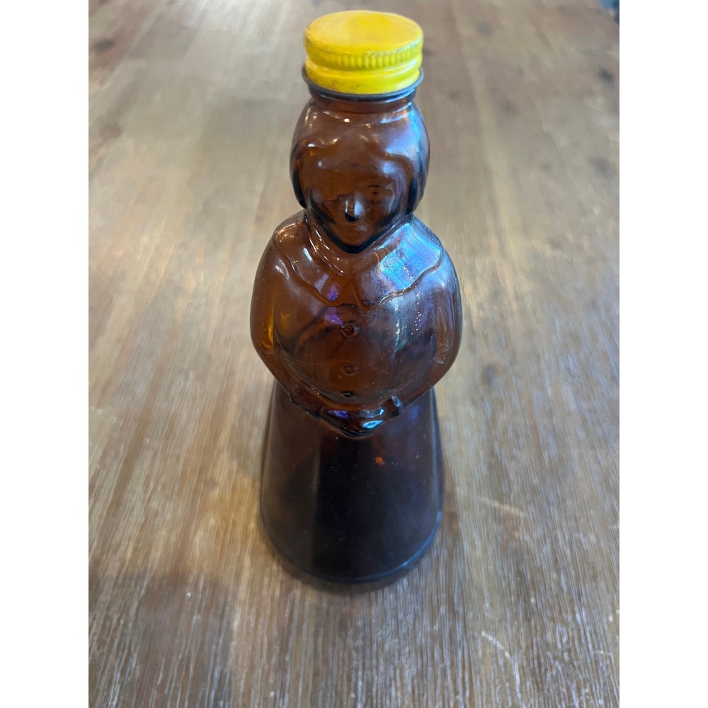 Vintage Mrs Butterworths Amber Glass Syrup Bottle with Yellow Metal Cap 10oz